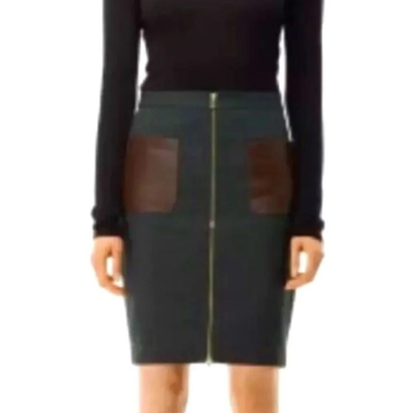 EUC Club Monaco Nadine Pencil Hunter Green Leather Pockets - size 0 - Picture 1 of 9